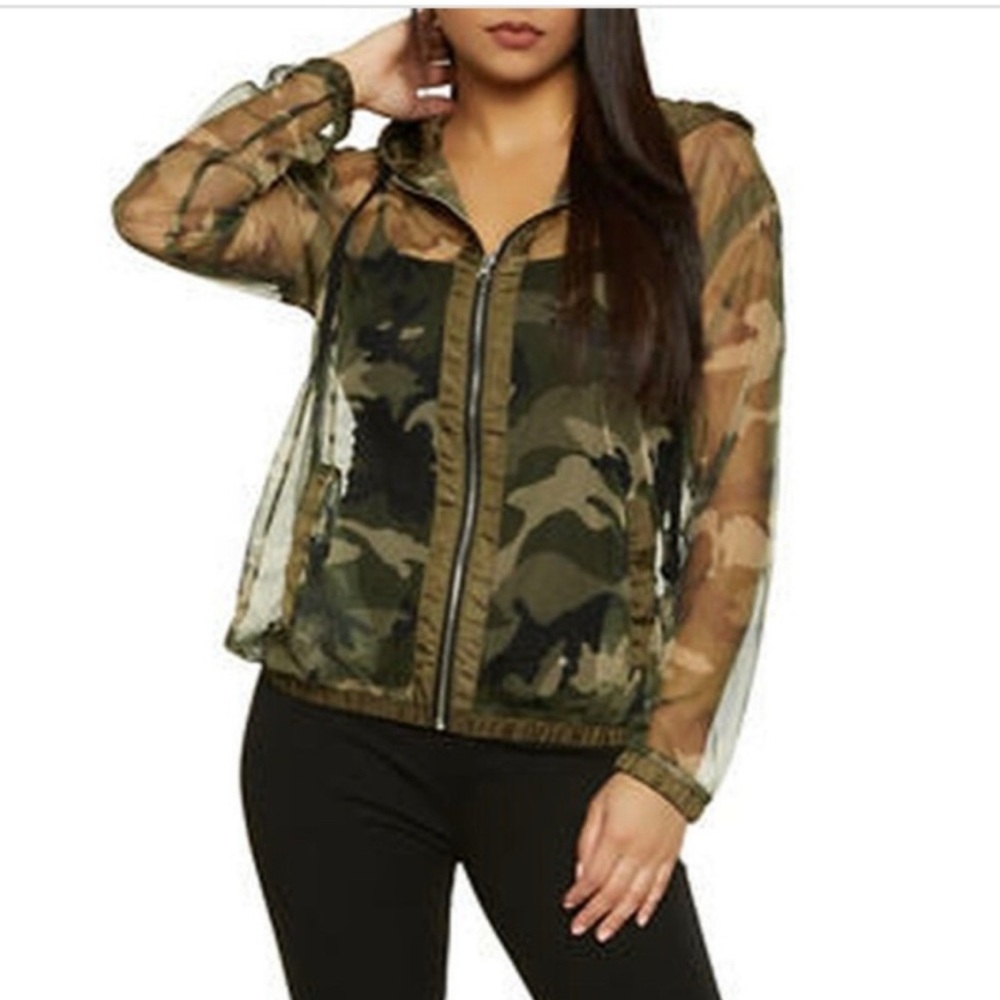 Shinestar Fishnet Camo Hooded Jacket Womens Medium Green Camo Sheer Zip Up EUC